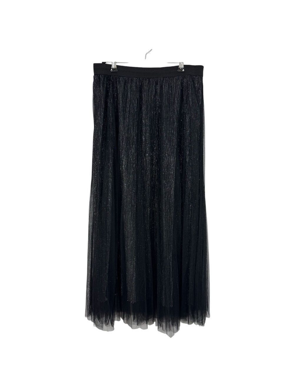 Shimmery Black Pleated Tulle Midi Skirt L Evening Cocktail Party Dark Romantic